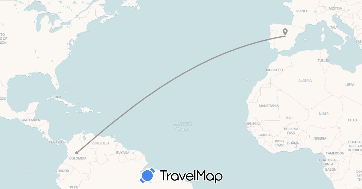 TravelMap itinerary: driving, plane in Colombia, Spain (Europe, South America)